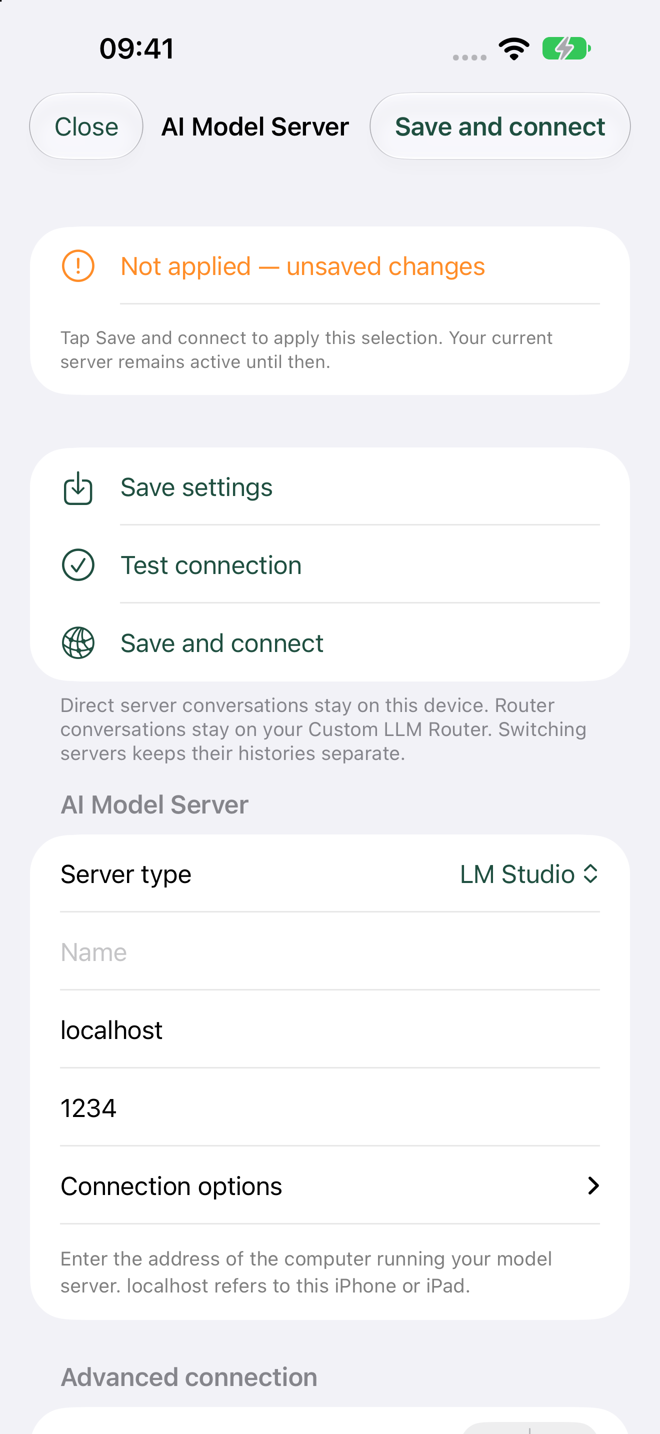 Artfull AI direct LM Studio configuration showing server type, address, port and connection options