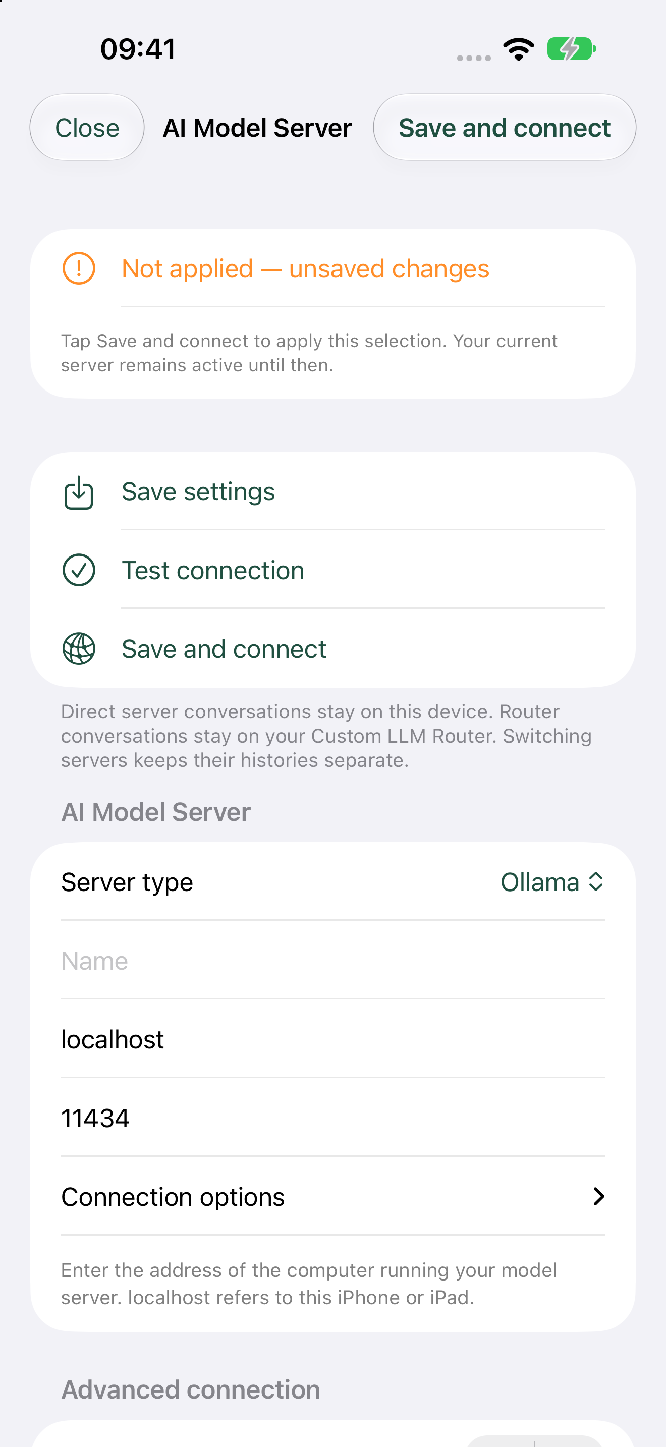 Artfull AI direct Ollama configuration showing server type, address, port and connection options