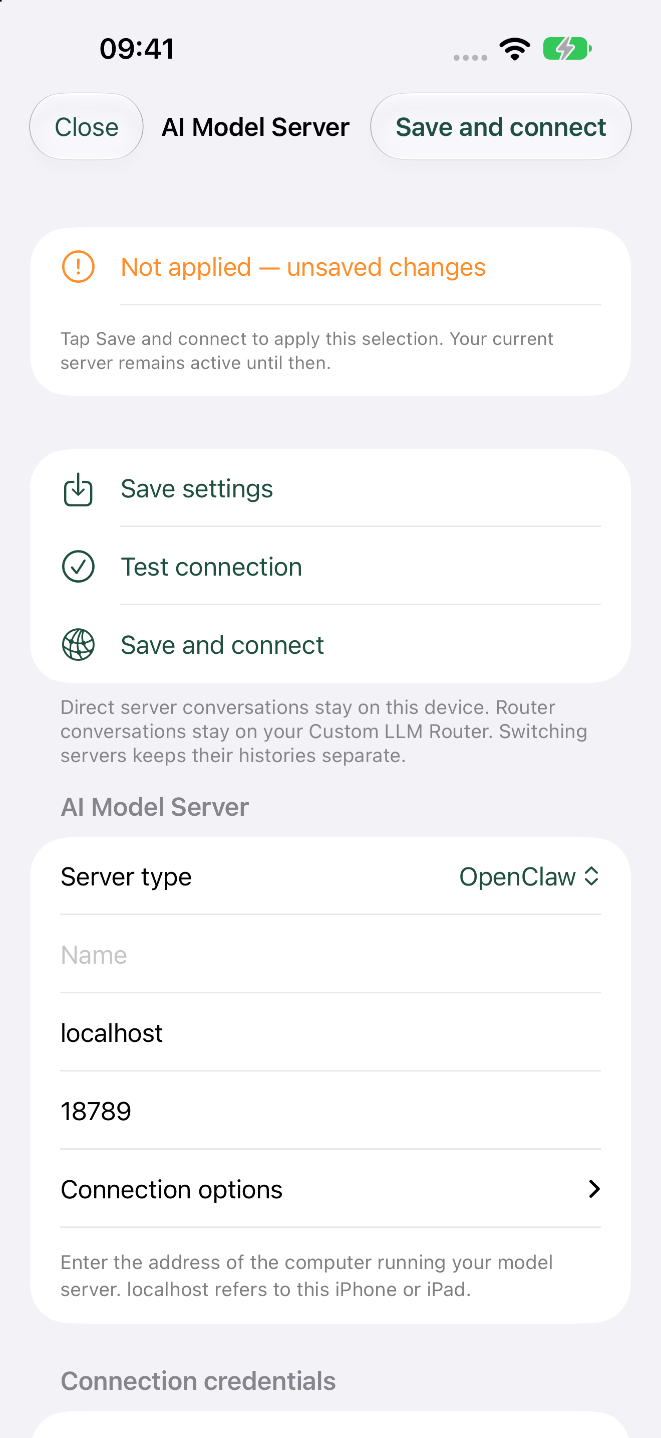 Artfull AI OpenClaw configuration page with gateway address and connection options