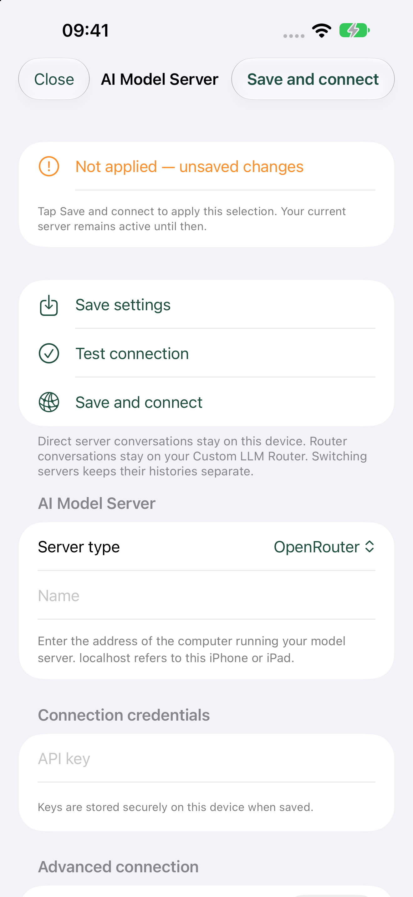 Artfull AI OpenRouter configuration page with connection credentials