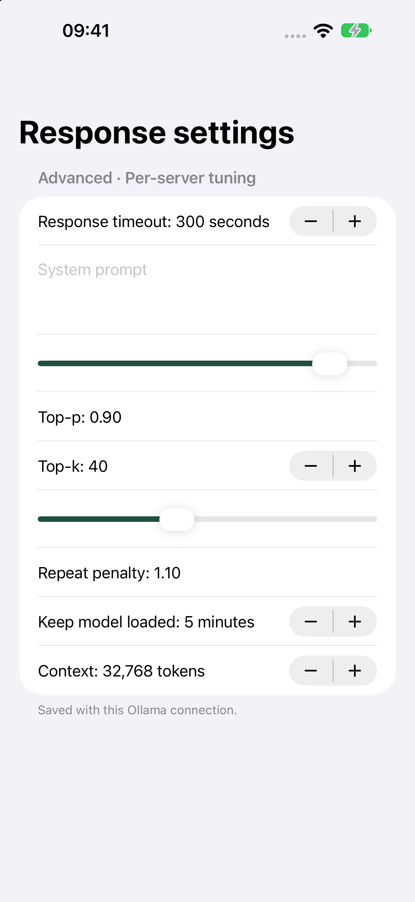 Artfull AI Advanced per-server response settings for an Ollama connection