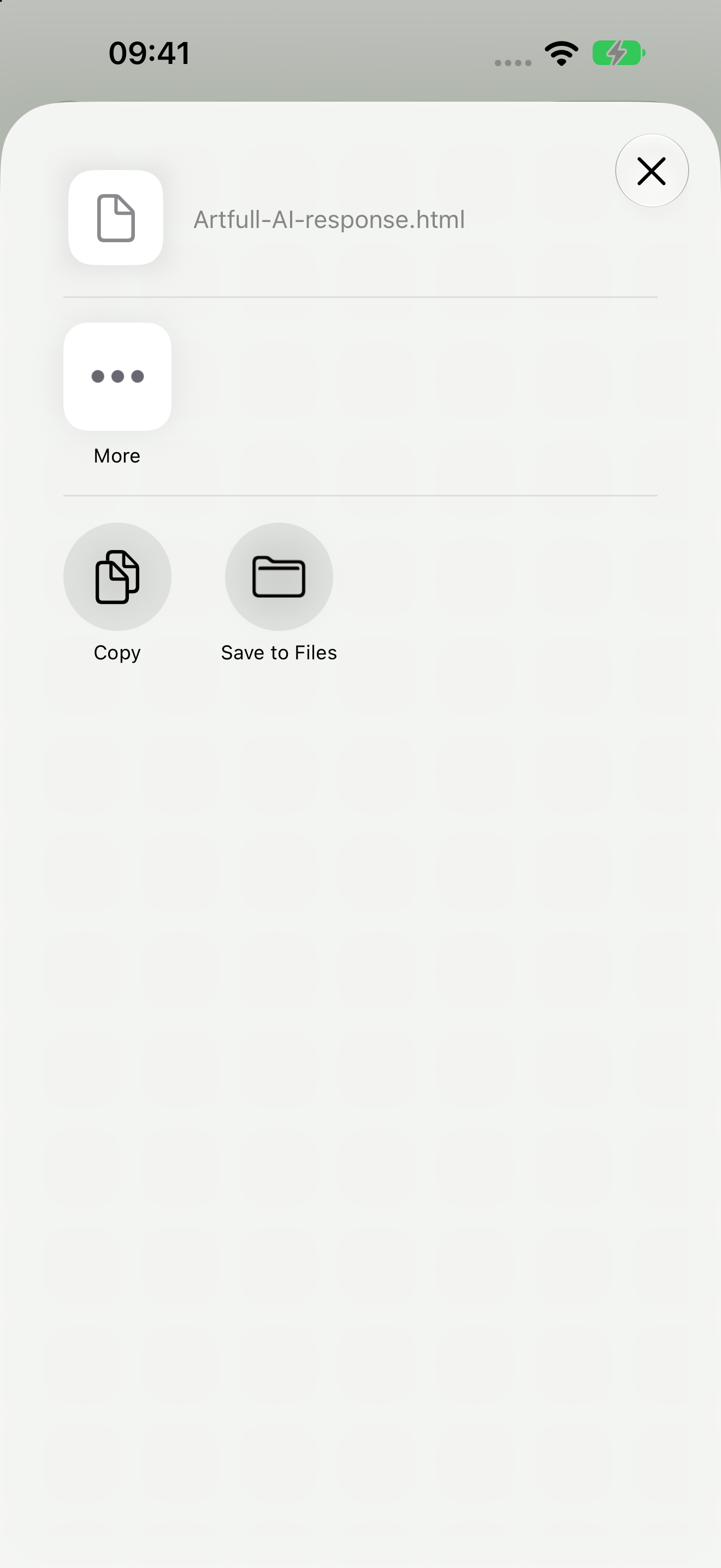 The native iOS Share sheet opened for an Artfull AI formatted response